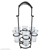 Stainless steel modernist shot glass and bottle caddy, holds 6 glasses & 1 bottle, sleek matte black finish, perfect for holiday tables